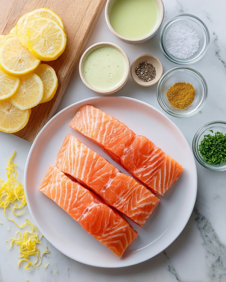The image shows a white plate with four raw salmon slices placed side by side, their orange-pink flesh with light white lines clearly visible. To the left of the plate, there is a small wooden cutting board stacked with thin lemon slices and yellow lemon zest scattered on the bottom. Above the board, there are six small glass bowls and a beige bowl arranged neatly on a white marbled surface. The bowls contain a light green liquid, a pale yellow liquid, a creamy white sauce with a smooth texture, a golden liquid, white granular salt with black pepper, yellow powder spice, and some finely chopped green herbs. The scene is brightly lit and organized, creating a fresh and clean look, photo taken with an iphone --ar 4:5 --v 7
