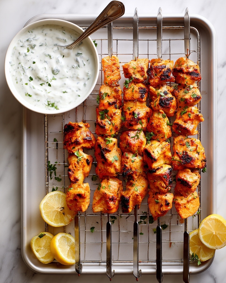 The image shows five skewers of grilled chicken pieces arranged evenly on a wire rack over a baking tray. Each skewer has juicy, orange-brown grilled chicken chunks with slight charring and small pieces of yellow lemon wedges peeking between the chicken. Small green herb pieces are sprinkled over the chicken, adding texture and color contrast. To the bottom left, there is a white bowl filled with white creamy sauce dotted with green herbs. A silver spoon rests inside the bowl. On the top right and bottom center edges of the tray, two lemon halves add a fresh touch. The whole scene is set on a white marbled surface, highlighting the vibrant colors of the food. photo taken with an iphone --ar 4:5 --v 7