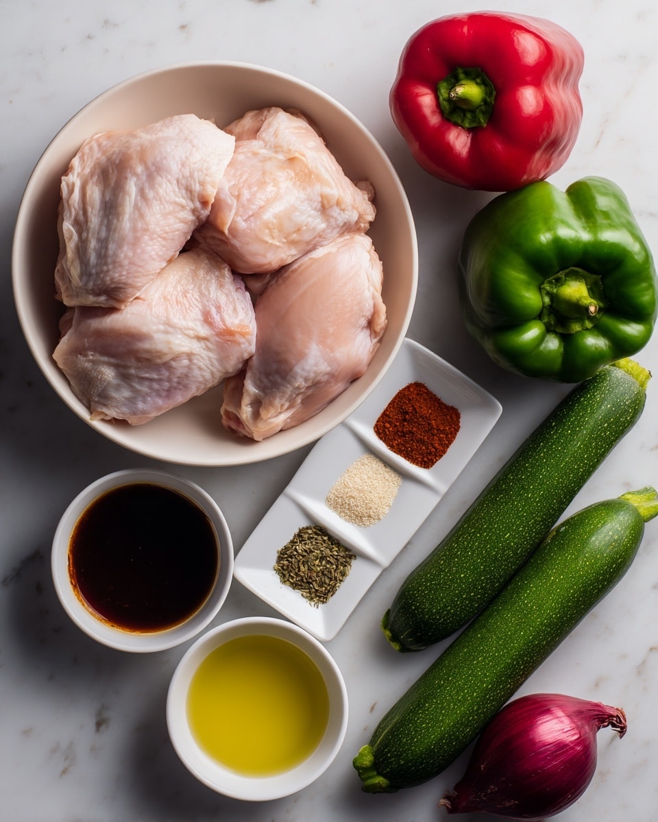 A white bowl filled with four smooth, pale pink chicken pieces sits on a white marbled surface. To the top right, two green bell peppers and one red bell pepper stand with a slightly shiny texture. Above the chicken bowl is a small white dish divided into four sections holding reddish-brown, white, beige, and black spices arranged side by side. Below that, a small white bowl contains dark brown sauce with a glossy surface, and next to it is another small white bowl with light yellow liquid. At the bottom of the image, two fresh green zucchinis lie parallel to each other, and to the right, a whole red onion with a dry outer skin rests on the surface. photo taken with an iphone --ar 4:5 --v 7
