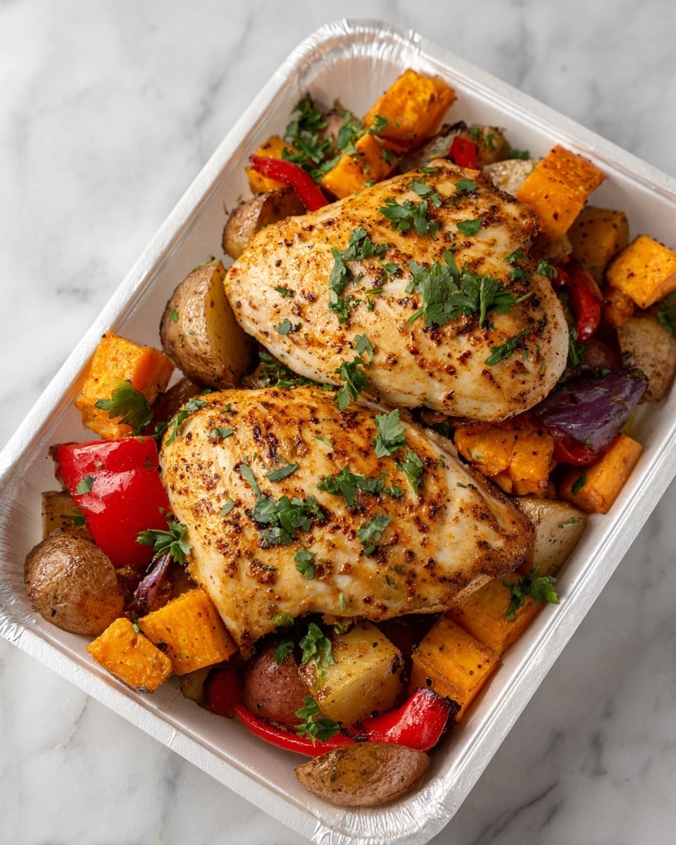 The image shows a white foil container holding two pieces of grilled chicken on top of a colorful mix of chopped roasted vegetables. The chicken pieces are golden brown with visible spice specks and are sprinkled with fresh green parsley leaves. Surrounding the chicken are chunks of orange sweet potatoes, red bell peppers, and browned potatoes, all roasted to a slightly crispy texture. The dish is shiny with a light glaze, highlighting the juicy and tender texture of the chicken and vegetables. The overall look is warm and appetizing, set on a white marbled background. photo taken with an iphone --ar 4:5 --v 7
