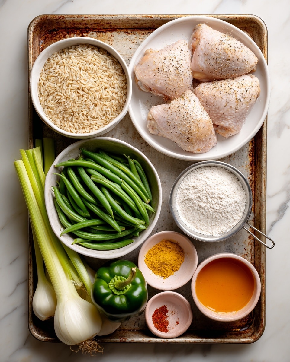 The image shows an old baking tray on a white marbled surface, holding several ingredients for cooking. There is a white bowl with uncooked chicken thighs seasoned with pepper, placed to the top right. Below it is a metal measuring cup filled with brown rice and two cloves of garlic next to it. On the lower right, a white bowl holds white flour. A dark green bell pepper sits near the bottom center, with a small light pink bowl beside it containing yellow ground spice and red chili powder. Centered on the tray is a larger white bowl full of green beans. To the left of this are two stalks of celery and a peeled white onion near the top left. A small white bowl filled with orange sauce is also on the tray near the onion. photo taken with an iphone --ar 4:5 --v 7