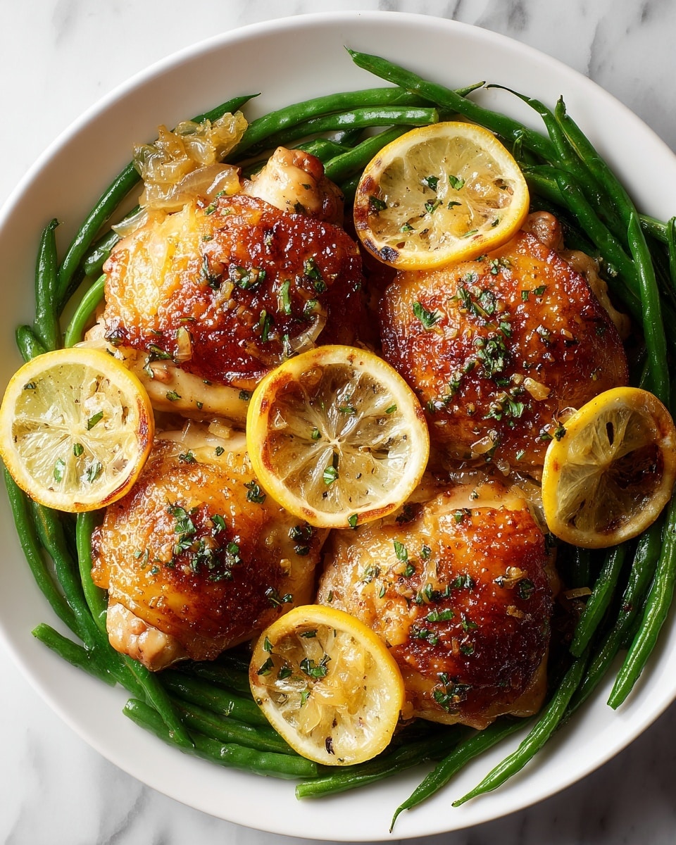 A close-up view of a dish showing 3 golden-brown cooked chicken thighs as the main layer, with a slightly crispy texture and sprinkled with small green herb pieces. Under and around the chicken are several caramelized lemon slices with a browned edge and a tender look. The bottom layer consists of cooked green beans, vibrant and fresh green, arranged neatly across the plate. The plate is white and rests on a white marbled surface, giving a clean and bright background. Photo taken with an iphone --ar 4:5 --v 7