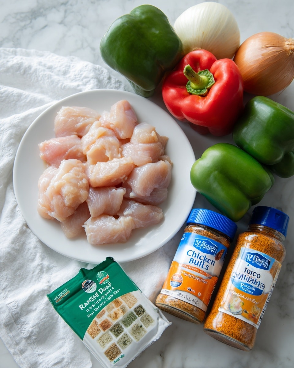 The image shows raw chicken pieces on a white plate, next to whole green and red bell peppers, and a whole onion. Beside these, there are three seasoning items: a packet of ranch dressing and recipe mix with a green and white label, a jar of chicken flavor bouillon cubes with a blue lid, and a bottle of taco seasoning mix with an orange label. All ingredients are placed on a white marbled surface with a white cloth underneath some items. Photo taken with an iphone --ar 4:5 --v 7