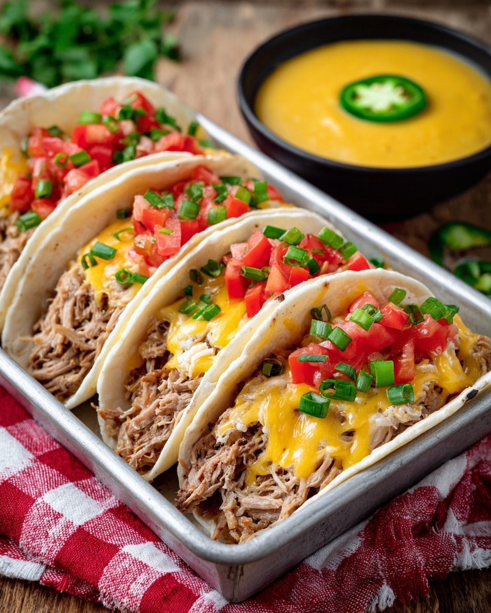 Three soft white tortillas stand side by side in a metal tray, each filled with shredded light brown meat as the base layer. On top, there is a smooth layer of melted yellow cheese, followed by small chunks of bright red tomato and sprinkled with fresh green chopped scallions. The tray sits on a red and white checkered cloth atop a wooden surface, with a bowl of thick yellow sauce garnished with a slice of green jalapeño in the blurred background. Photo taken with an iphone --ar 4:5 --v 7