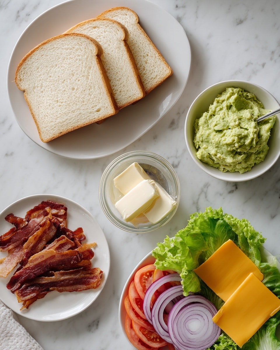 The image shows ingredients for making a sandwich arranged on a white marbled surface. There is a white plate on the top left holding four slices of light brown bread. To the right of the bread, there is a small bowl filled with light green mashed avocado or guacamole. Below that bowl, a white small plate contains two pale yellow butter pieces. In the center, there is a small clear container with a cream-colored spread that has visible darker bits mixed in and a blade in the center. At the bottom right, part of a white plate is visible, holding fresh green lettuce leaves, several slices of bright red tomato, dark purple onion rings, crispy cooked brown bacon strips, and two slices of bright orange cheddar cheese. The photo taken with an iphone --ar 4:5 --v 7