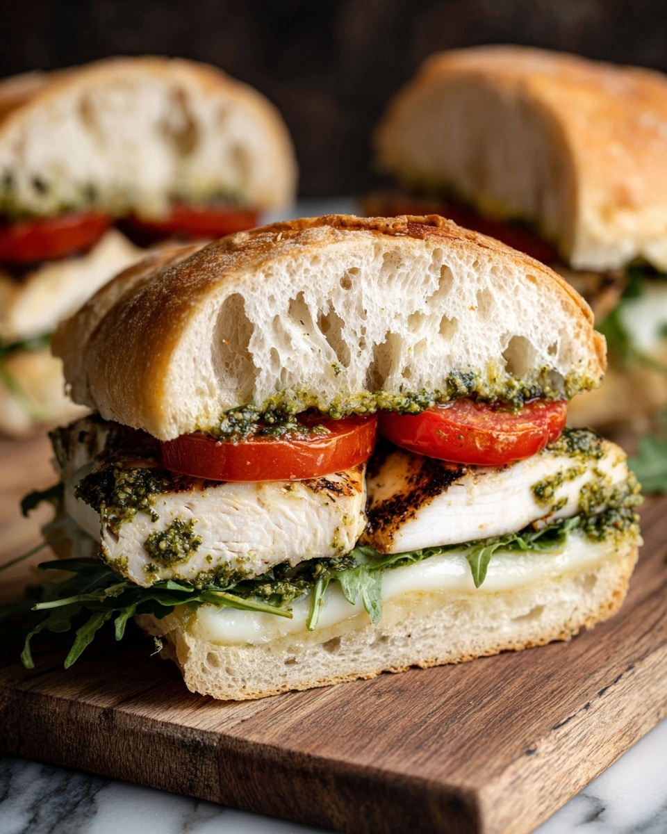 The image shows a sandwich sliced in half with a white crusty bun that has a soft, airy inside. Inside the sandwich, at the bottom, there is a layer of dark green leafy arugula. Above the arugula is a thick white layer of cheese. On top of the cheese, there is a layer of grilled chicken with a golden color and some green pesto sauce spread on it. Above the chicken are two bright red tomato slices. The sandwich is placed on a wooden surface with another similar sandwich blurred in the background. The background is dark, and the wood texture contrasts with the white marbled surface below the sandwich photo taken with an iphone --ar 4:5 --v 7
