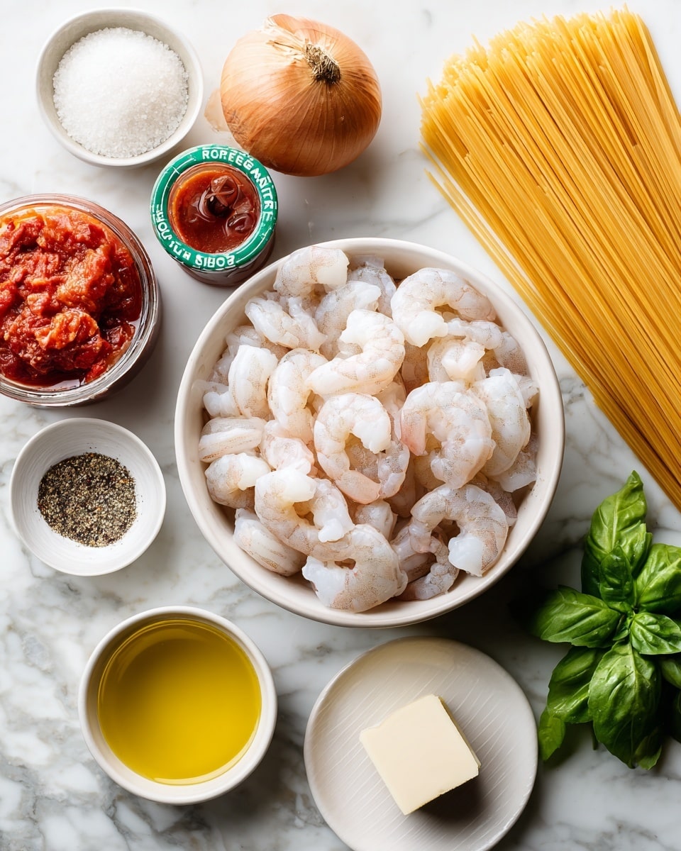 A white bowl filled with raw shrimp is placed on a white marbled surface as the main focus. Around the bowl, there are several cooking ingredients neatly arranged: a white bowl with white salt, a whole onion and garlic bulb, a box of chopped tomatoes with a green label, a green tube of tomato paste, a sealed jar of crushed chili flakes, a jar of dried basil, a packet of gluten-free spaghetti standing upright, a small white bowl with black pepper, another small white bowl with salt, a clear glass bowl with golden olive oil, a white plate holding a cube of butter, and a small bunch of fresh green basil leaves tied together. The image shows all ingredients laid out uniformly, ready for preparing a shrimp pasta dish. photo taken with an iphone --ar 4:5 --v 7