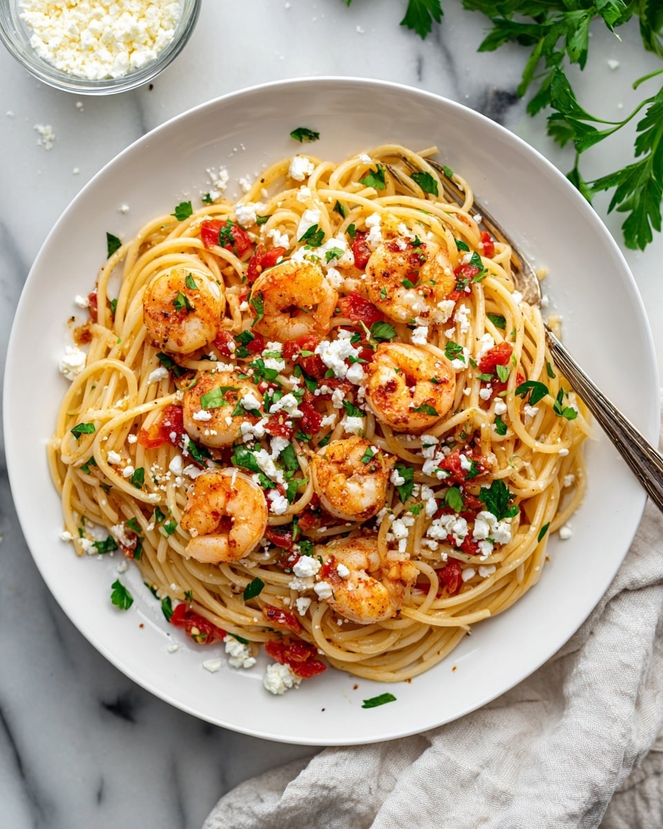 A white plate filled with a bed of long spaghetti noodles twisted in the center, topped with several large cooked shrimp, scattered small pieces of red diced tomatoes, and white crumbled cheese sprinkled evenly. Fresh green chopped parsley is spread across the dish. The plate sits on a white marbled surface with a silver fork resting on a light cloth napkin nearby, and a small clear bowl with extra cheese in the background. Photo taken with an iphone --ar 4:5 --v 7