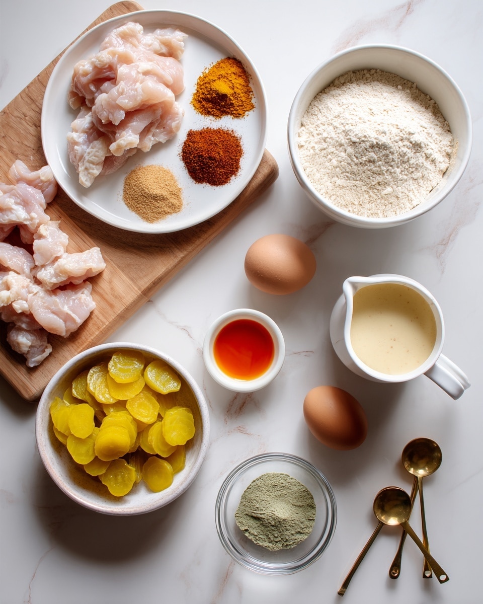 The image shows several cooking ingredients neatly arranged on a white marbled surface. On the bottom left, a wooden board holds thin, raw light pink chicken pieces. Above the board, a white plate has five spices in small mounds, with colors ranging from brown to reddish orange. To the right, a white bowl filled with off-white flour is at the top, and a small white jug with a cream-colored liquid is below it. Also present are a white bowl with yellow sliced pickles, a small clear bowl containing a light yellow liquid, a small clear bowl with a reddish liquid, a small clear bowl holding a raw brown egg, and two gold measuring spoons with green and white powders placed near the bottom right. The scene is bright and clean, with all items well spaced. Photo taken with an iphone --ar 4:5 --v 7