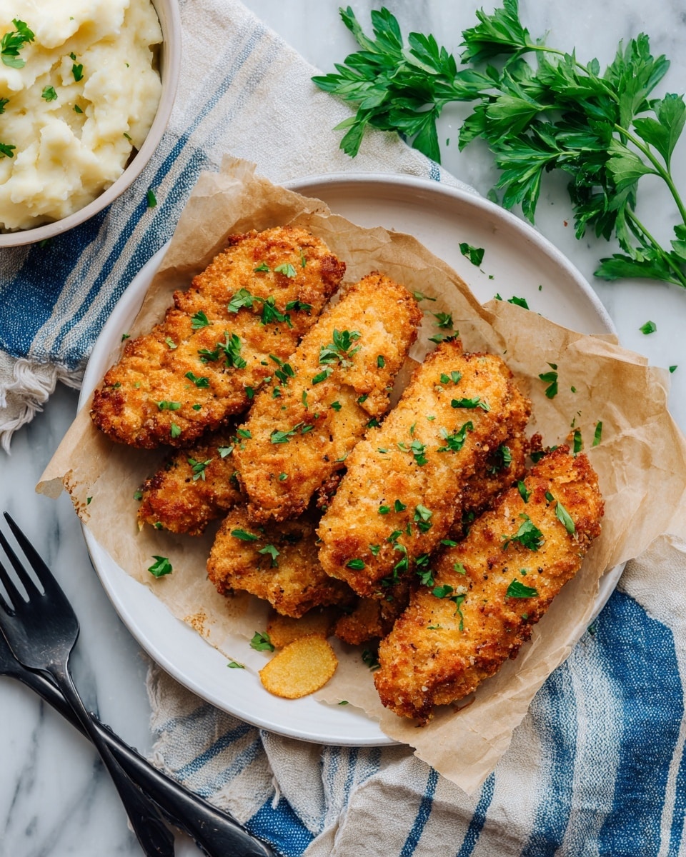 A white plate lined with brown parchment paper holds five pieces of golden brown, crunchy textured fried chicken tenders sprinkled with small green parsley leaves. To the upper side of the plate, fresh green parsley leaves rest on a blue and white striped cloth that partially covers a white marbled surface. To the left edge, part of a white bowl filled with creamy mashed potatoes is visible while two black forks lie on the bottom left next to the cloth and a single potato chip peeks in near the bowl. The dish shows a warm and crispy appearance with rough, uneven edges on the chicken tenders photo taken with an iphone --ar 4:5 --v 7