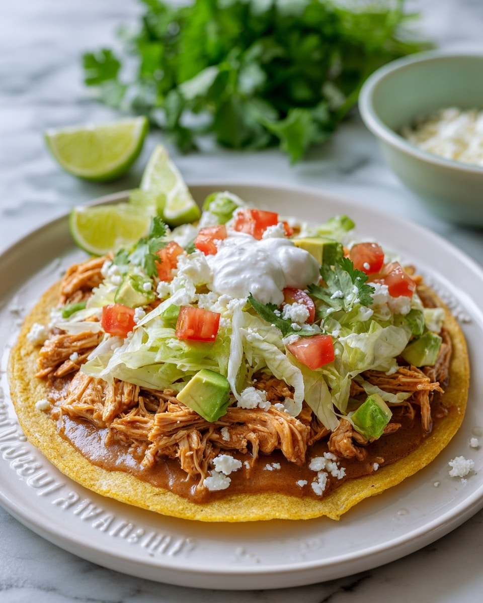 The image shows round yellow corn tortillas topped with a smooth light brown layer of refried beans spread evenly. On top of the beans is a shredded orange chicken filling that looks tender and moist. Small chunks of green avocado, red diced tomatoes, and thin strips of pale green lettuce are scattered over the chicken. White crumbled cheese is sprinkled over the entire top, along with a dollop of creamy white sour cream and a couple of small green cilantro leaves. Two green lime wedges are placed on the side of the white plate with text on it. The dish is on a white marbled surface with a small bunch of fresh cilantro and a pale green bowl partially visible. photo taken with an iphone --ar 4:5 --v 7