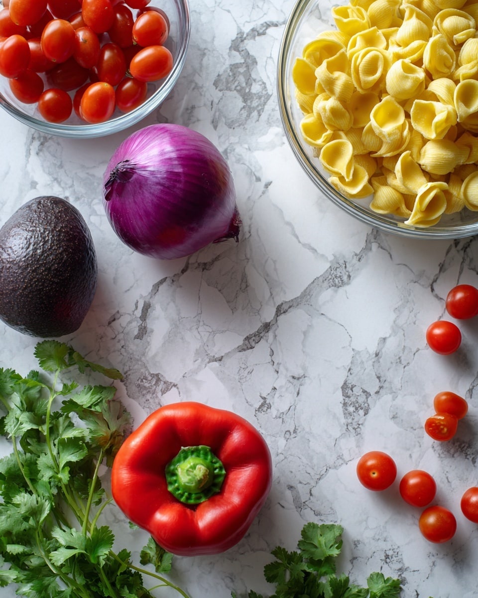 The image shows a close view of fresh ingredients placed on a white marbled surface. On the left, there is a whole purple onion and an avocado next to a bright red bell pepper. Near the top left corner, a clear glass bowl is filled with small red cherry tomatoes. Scattered near the top right side are more cherry tomatoes beside a bunch of green cilantro leaves. On the right side of the image, there is a clear glass bowl filled with yellow tortellini pasta. The colors are bright and fresh, with reds, greens, yellows, and purples all well visible. photo taken with an iphone --ar 4:5 --v 7