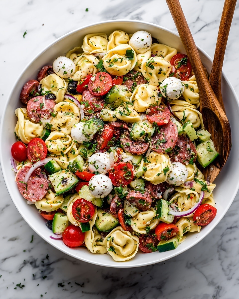 A large white bowl filled with a colorful tortellini salad. The bottom layer is light yellow cheese tortellini with a soft texture. Mixed throughout are bright red cherry tomato halves and thick light green cucumber chunks. There are small, round black olive slices and pink pieces of salami evenly spread over the pasta. White mozzarella balls and red bell pepper pieces add more color. The salad is sprinkled with green chopped parsley and black pepper flakes on top. Two wooden spoons rest inside the bowl on a white marbled surface. Photo taken with an iphone --ar 4:5 --v 7