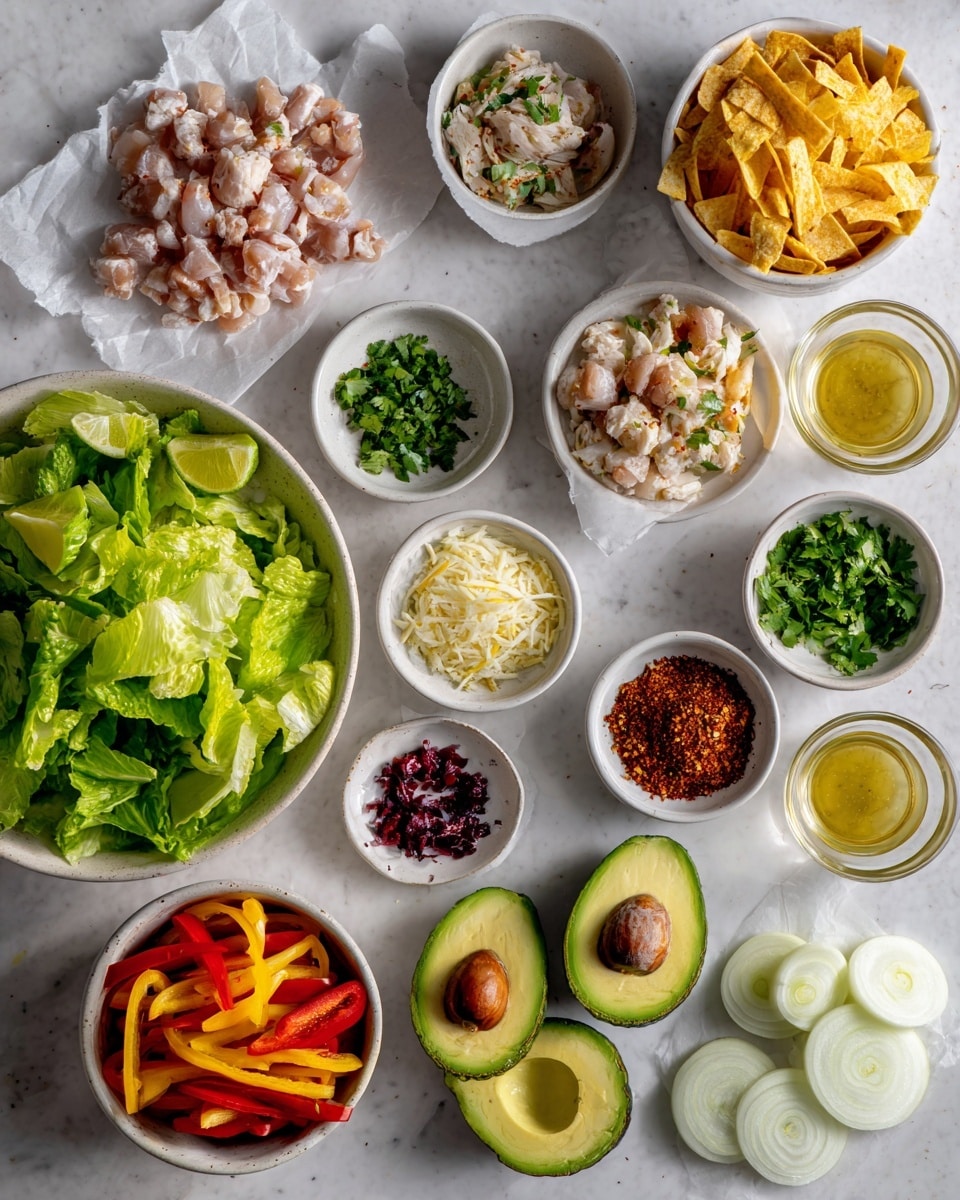 The image shows a white marbled surface with many small white bowls and plates arranged neatly, each holding a different ingredient. There is a large bowl filled with fresh, green lettuce at the bottom left. To the right of the lettuce, there are sliced red and yellow bell peppers placed directly on the surface. Above these, there are 3 halved avocados with dark seeds in the centers. Next to the avocados, a white bowl contains crispy tortilla strips in red and yellow. To the left of this bowl, there are small piles of raw chicken pieces on white parchment paper. Scattered above are several small white bowls with various ingredients like chopped cilantro, shredded cheese, lime zest, and mixed spices with red, brown, and green tones. Sliced white onions lie below the bowls on the left. Two small glass bowls with yellowish sauces are visible near the onions. The whole display is arranged on a clean, white marbled surface with soft natural light. Photo taken with an iphone --ar 4:5 --v 7