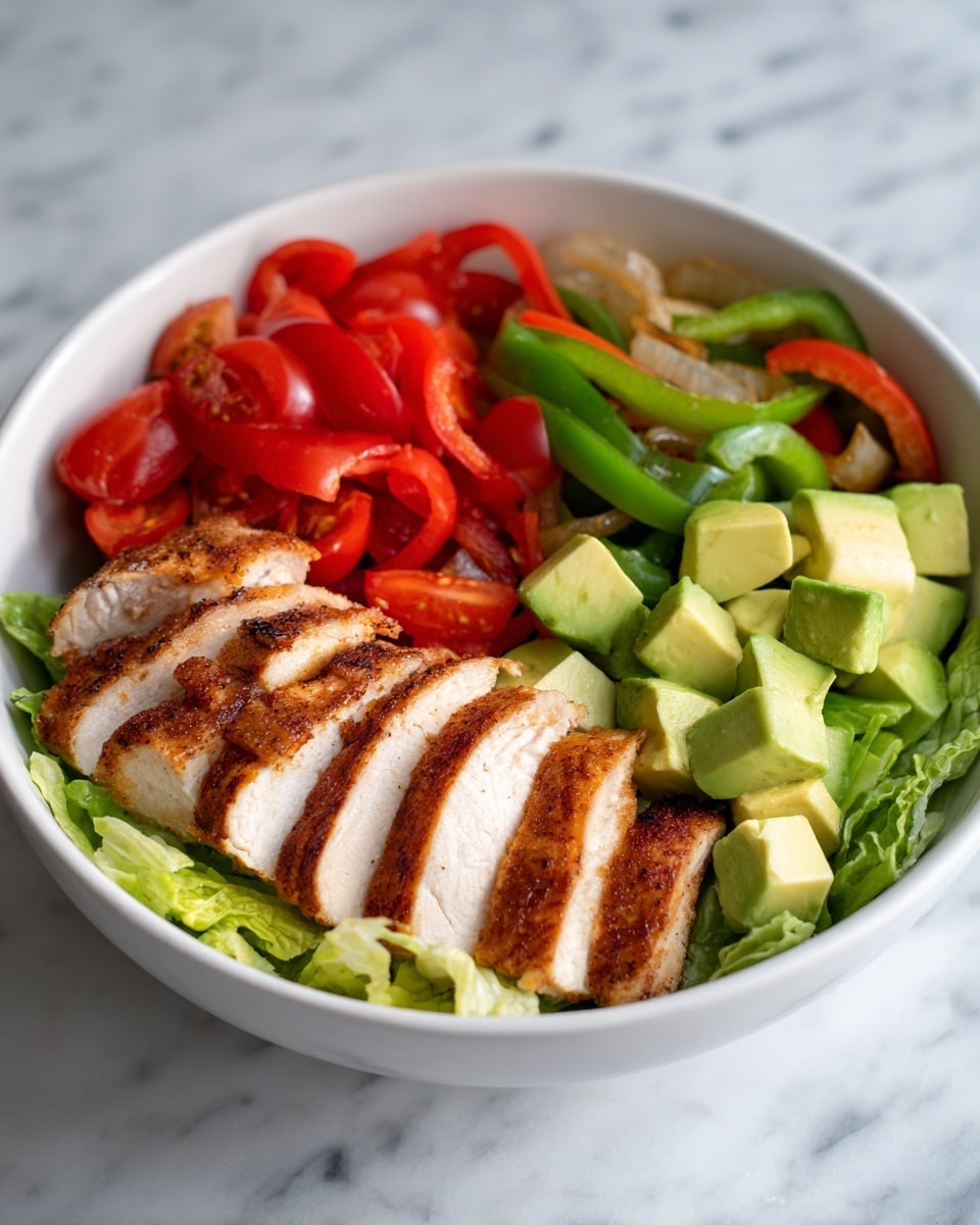 A white bowl sits on a white marbled surface, filled with a fresh salad. At the bottom is a base layer of green lettuce leaves. On top of the lettuce are grilled chicken slices arranged in a fan shape, showing a light brown, slightly charred texture. Next to the chicken are bright red cherry tomato halves, small and juicy. On another side of the bowl are cubed avocado pieces, light green and creamy-looking. Finally, sautéed strips of bell peppers and onions in red, green, and light brown colors are placed to one side, soft and glistening. photo taken with an iphone --ar 4:5 --v 7