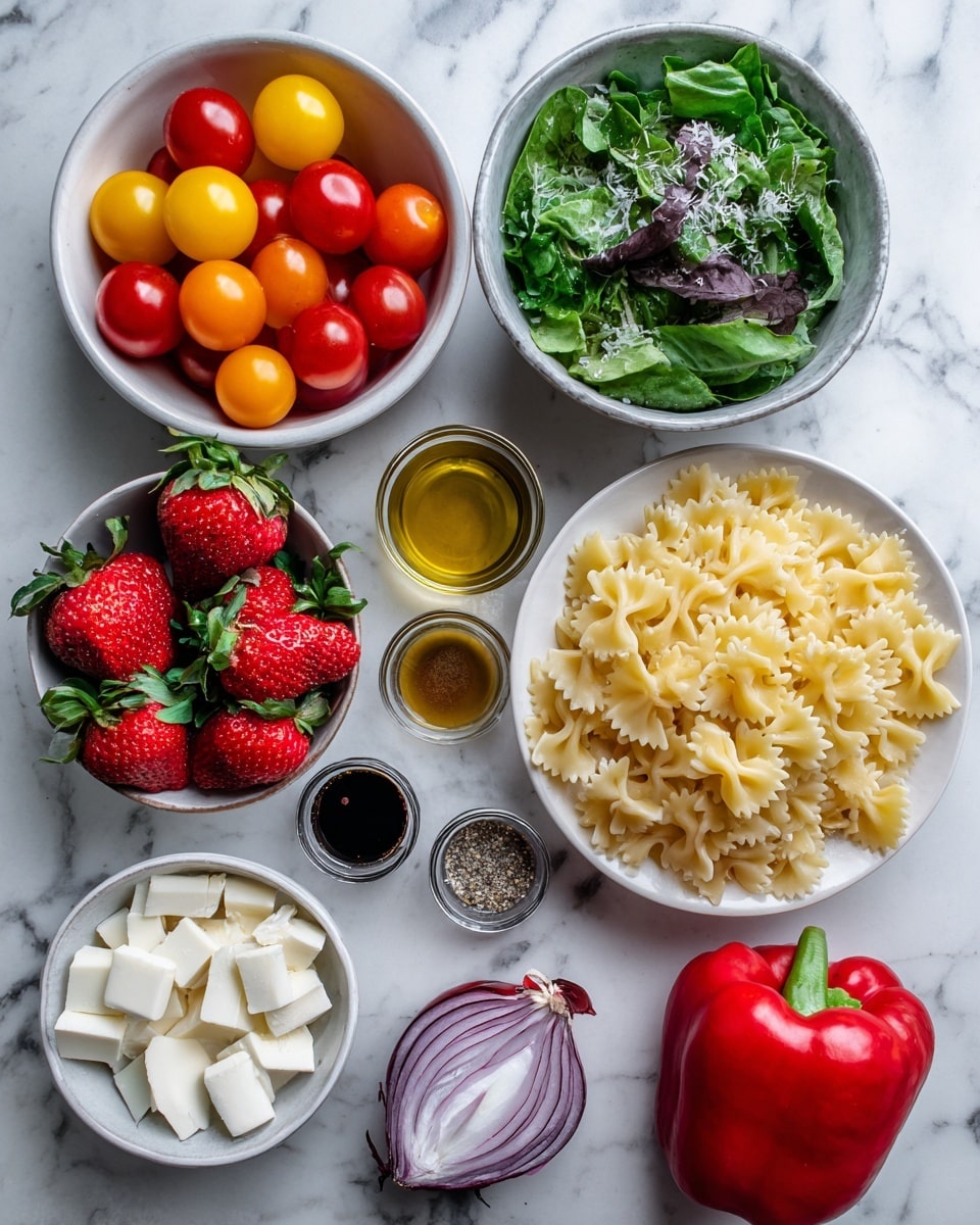 Balsamic Strawberry Pasta Salad Recipe 4 The image shows several white bowls and plates arranged on a white marbled surface. There is a bowl with yellow and red cherry tomatoes in the top left, next to a bowl filled with mixed green leafy salad. To the right of the salad bowl is a plate full of farfalle pasta, light yellow in color. Below the salad bowl, there is a small bowl with white cheese slices. Next to it is a small bowl with almonds, and beside that is a whole red bell pepper and a red onion. In the bottom left corner, a bowl holds several large bright red strawberries with green leaves. Around these bowls and plates are small clear containers holding olive oil, a dark liquid, salt, black pepper, and a light brown liquid, all placed on the white marbled surface. Photo taken with an iphone --ar 4:5 --v 7