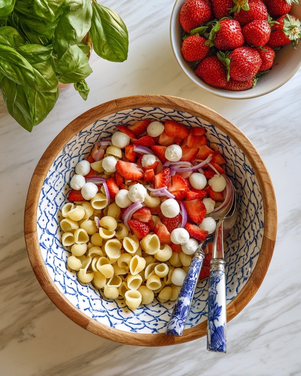 Balsamic Strawberry Pasta Salad Recipe 5 A round salad bowl with a wooden rim and a white inside patterned with blue diamonds is filled with a salad. The salad has three main layers: the bottom layer is small, tube-shaped pasta, pale yellow in color; mixed within are small white mozzarella balls and thin slices of red onion adding light purple details. Scattered on top of these are bright red strawberry halves and pieces. Two silver serving utensils with blue and white decorated handles rest on the right side inside the bowl. To the top left of the bowl, there is a bunch of green basil leaves, and on the top right, there is a white bowl filled with whole strawberries. The whole setup is on a white marbled surface. photo taken with an iphone --ar 4:5 --v 7