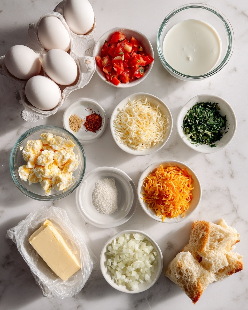 The image shows ingredients for a recipe arranged neatly on a white marbled surface. There is a clear glass bowl with small pieces of bread at the bottom right. Around it, there are several small white bowls with different items: one filled with diced red tomatoes, another with chopped green herbs, one with shredded orange cheese, one with a white powder, and another with a small amount of spice. There is a carton of eggs with six eggs loosely arranged near the center. Next to the eggs, there is a clear glass container filled with white liquid, and another small bowl with finely chopped white onions. On the bottom left, there is a pack of butter wrapped in paper. The overall layout is organized and clean, with each ingredient in separate containers on the white marbled surface. photo taken with an iphone --ar 4:5 --v 7