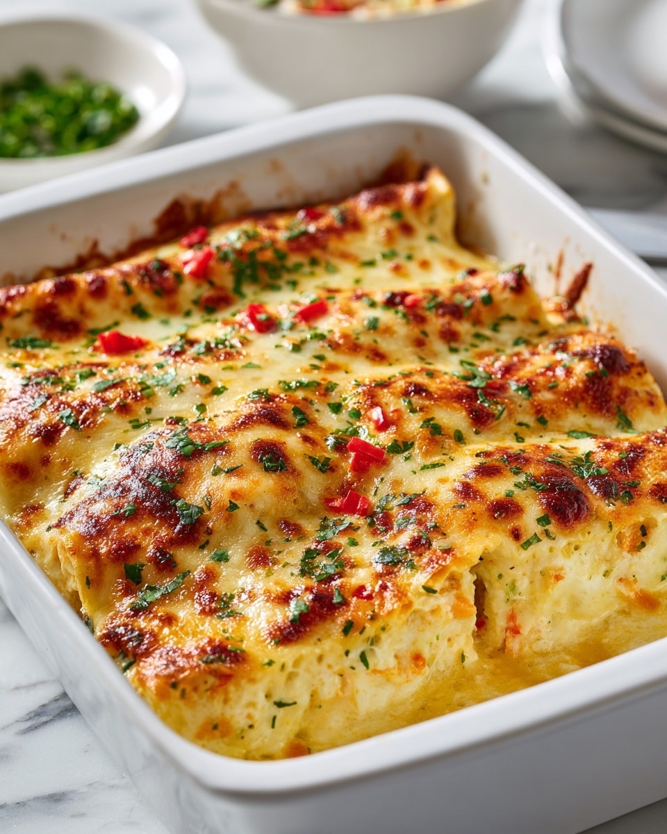 A white baking dish filled with a thick, baked casserole that is divided into six large rectangular pieces. The top layer is golden brown cheese melted unevenly with some bubbly spots, with small bits of green herbs and red pepper pieces scattered on the surface. The casserole inside looks creamy with visible small chunks that add texture, showing a mix of light yellow and orange colors. The dish sits on a white marbled surface, and in the background there is a blurred glimpse of a white bowl with green garnish. Photo taken with an iphone --ar 4:5 --v 7