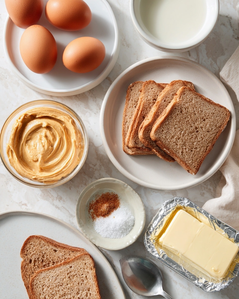 The image shows a spread on a white marbled surface with slices of brown bread arranged diagonally on a white plate, three brown eggs in the top left, a glass bowl of orange spread with a smooth texture in the center, a white bowl of white liquid above it, a white plate below holding salt and brown spice, and an open silver foil pack with a pale yellow stick of butter and a spoon on it to the bottom right, all placed neatly in an inviting way, photo taken with an iphone --ar 4:5 --v 7