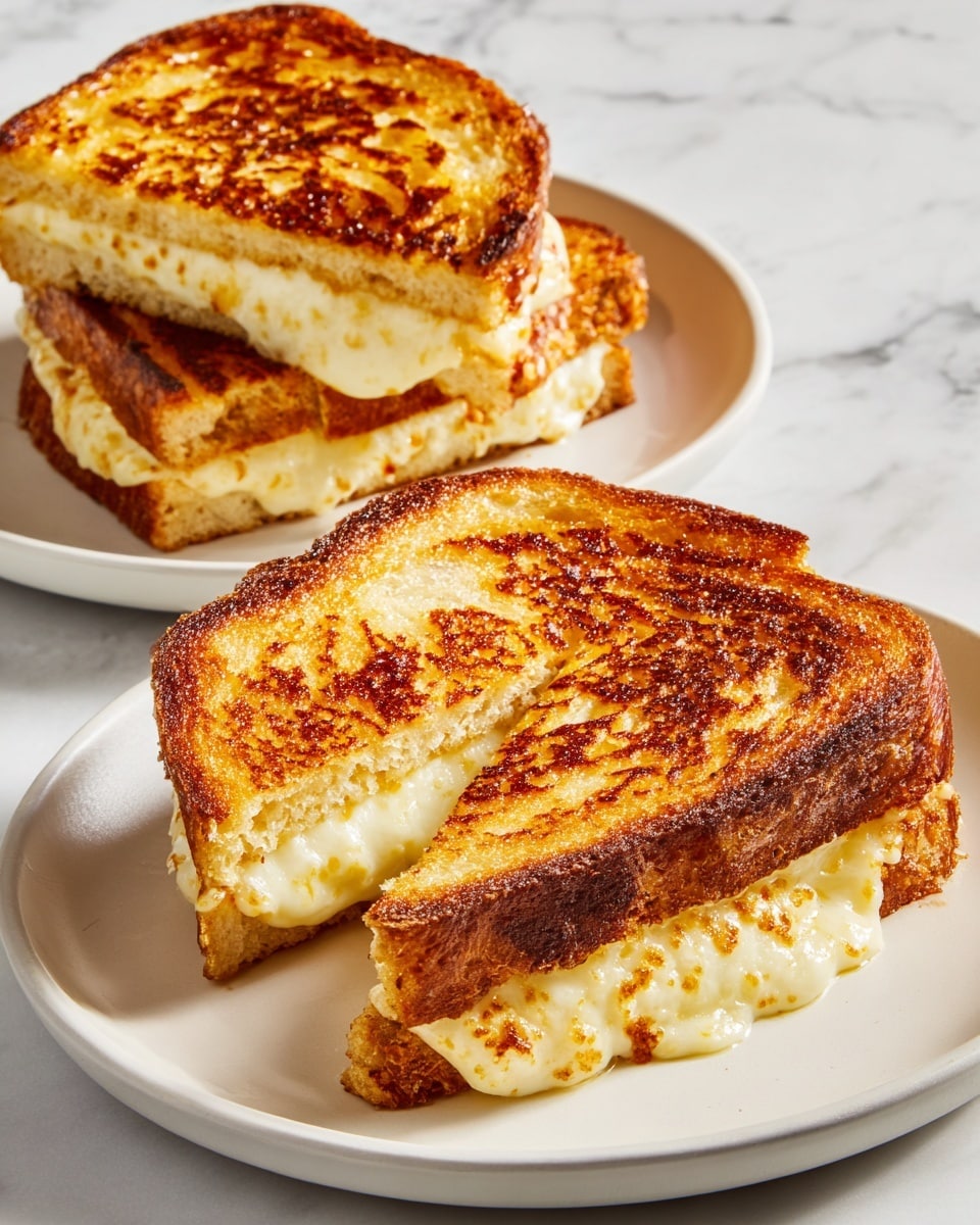 A close-up view of two white plates on a white marbled surface, each holding a golden-brown toasted sandwich with crispy, evenly browned edges. The sandwich on the front plate is full and thick, showing layers of melted cheese peeking out from inside two slices of toasted bread. The bread texture is crunchy with small, toasted spots of darker color, and the crusts are firm and slightly darker. The second plate in the background shows another sandwich cut in half, stacked with the halves leaning against each other, displaying the soft inside and rich golden toast outside. The light highlights the warm, crispy texture of the sandwiches. photo taken with an iphone --ar 4:5 --v 7