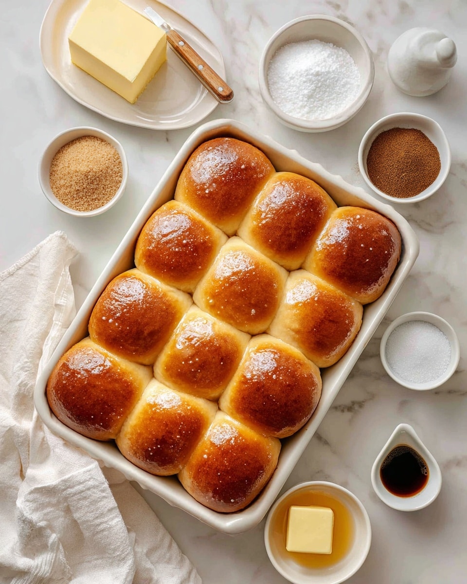 A close-up image showing a full baking pan of golden brown dinner rolls with shiny soft tops arranged neatly in four rows, placed on a white marbled surface. Around the pan are small white bowls containing light brown sugar, white granulated sugar, and dark cinnamon powder. There are also a white rectangular block of butter, a stick of yellow butter, and two small white measuring cups with vanilla extract and salt. A woman’s hand holds a white cloth napkin at the lower left corner. Photo taken with an iphone --ar 4:5 --v 7