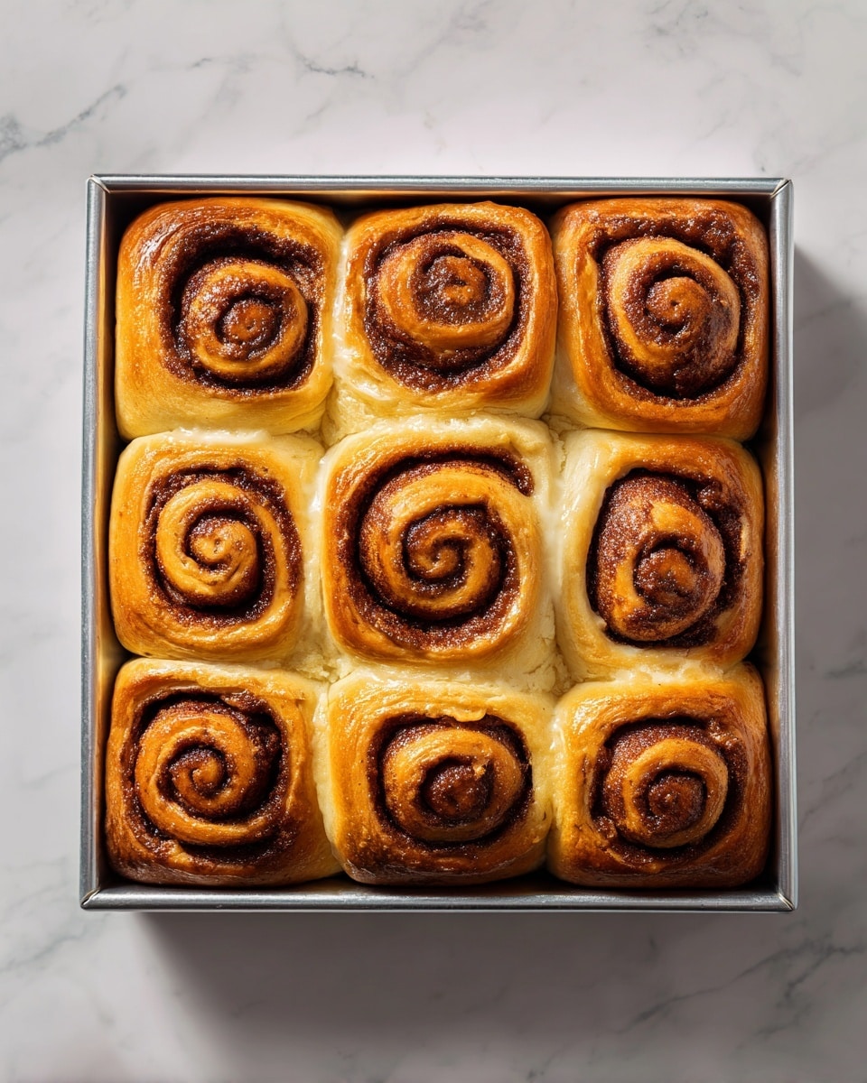 The image shows a tray with nine cinnamon rolls arranged in a 3x3 grid. Each roll has a thick, golden-brown dough base with dark brown spirals of cinnamon sugar filling rolling inward, creating a clear swirl pattern on top. The dough looks soft and slightly shiny, suggesting it is fresh and warm. The tray is silver and sits on a white marbled surface with light reflections giving it a clean and inviting look. photo taken with an iphone --ar 4:5 --v 7