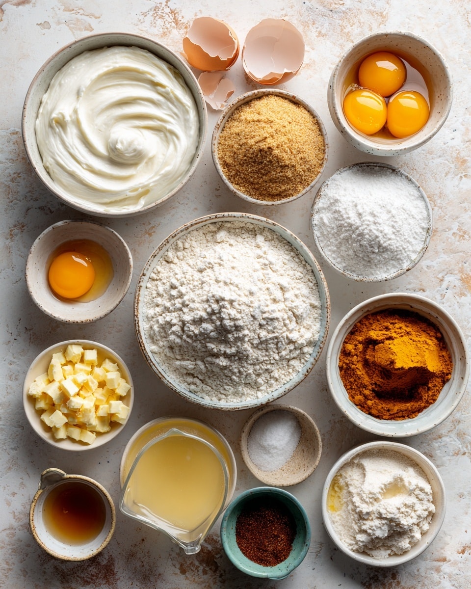 The image shows a flat lay of baking ingredients arranged on a surface with a white marbled texture. There are multiple white ceramic bowls containing different ingredients: one has thick white cream, another with light brown brown sugar, a third with flour that is piled high, and a fourth with white powdered sugar. There are also two eggs in a bowl with orange yolks and three broken brown eggshells scattered nearby. Smaller bowls contain diced yellow butter, light beige dry yeast, light brown granulated sugar, deep orange pumpkin puree, and various brown spices. A small clear glass jug holds white liquid, and another white bowl contains melted golden butter. The ingredients are neatly spaced in a visually pleasing way. photo taken with an iphone --ar 4:5 --v 7