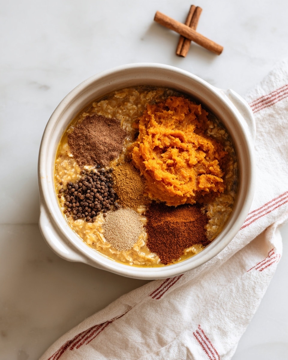 A white pot filled with a mixture of oatmeal soaking in milk, topped with a mound of bright orange pumpkin puree placed slightly off-center, and several small piles of different spices in brown, tan, and dark brown shades arranged closely beside the pumpkin. The pot is sitting on a white marbled surface with a white cloth that has thin red stripes on the right side. photo taken with an iphone --ar 4:5 --v 7