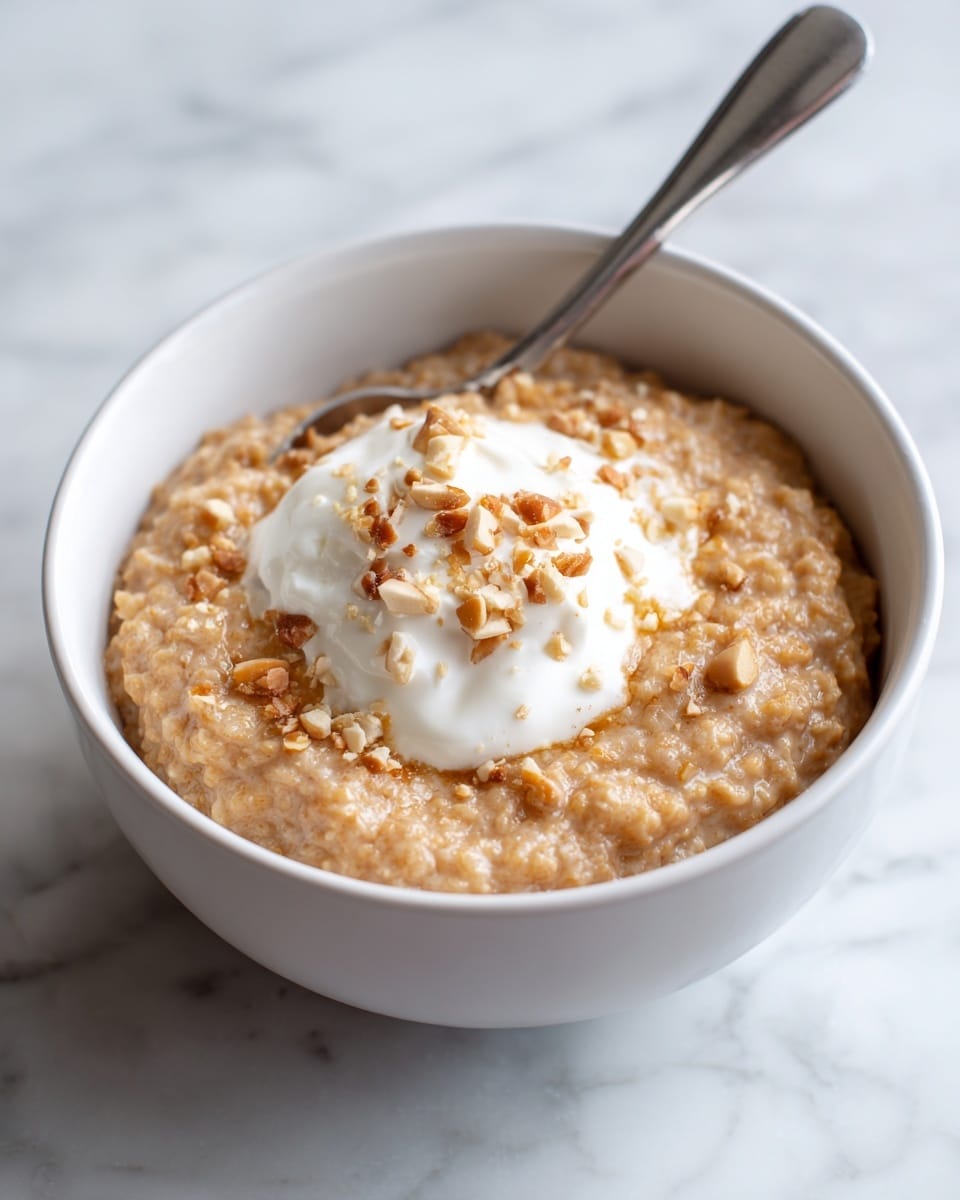 A white bowl filled with a thick, light brown porridge that has a soft, slightly lumpy texture. The porridge is topped with a sprinkle of crushed light beige nuts or crumbs, adding a rough texture on top. In the center is a dollop of white creamy topping that looks smooth and soft. A shiny silver spoon is placed inside the bowl, resting on the edge with its handle sticking out over the white marbled surface. Photo taken with an iphone --ar 4:5 --v 7