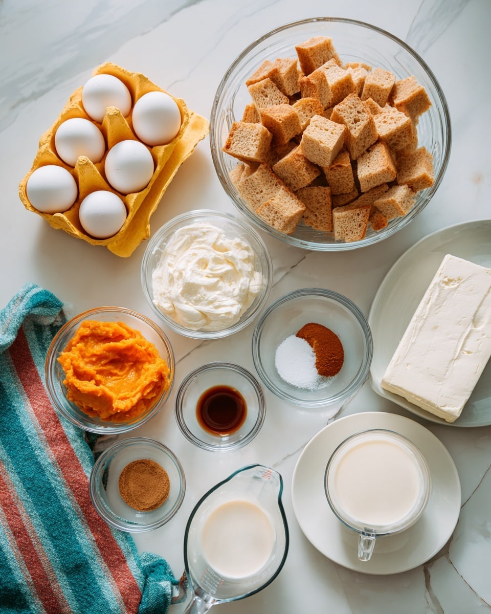The image shows a white marbled surface with several clear glass and white dishes arranged neatly. There is a large glass bowl filled with light brown bread cubes at the top center. To the left is a yellow egg carton holding four white eggs, with one slot empty. Below the bread are several smaller bowls: one with bright orange pumpkin puree, a medium bowl with white granulated sugar, a small bowl of brown cinnamon powder, and a small bowl with dark brown vanilla extract. In front are two glass measuring cups, one filled with white milk and the other with a creamy liquid, likely cream. A block of white cream cheese sits on a white plate on the right side, and a striped cloth with red, turquoise, and white colors lies partially under the bowls. photo taken with an iphone --ar 4:5 --v 7