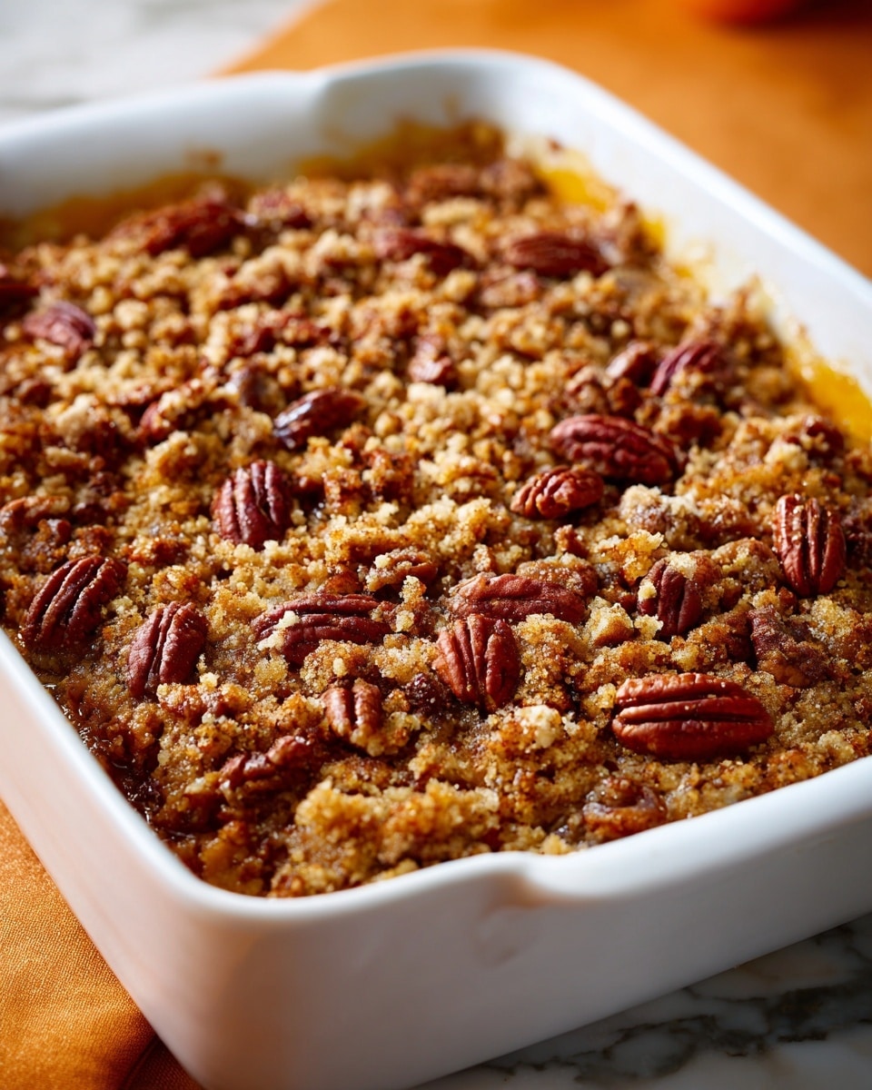 The image shows a white rectangular baking dish filled with a golden-brown baked dessert, topped with a crumbly streusel layer and whole pecans spread evenly on the surface. The crumb topping is textured with small clumps and a slightly crunchy appearance, while the pecans bring a rich reddish-brown color to the dish. The dessert underneath appears soft and moist with a slightly glossy finish peeking through some areas. The dish is set on a white marbled surface, and the background is softly blurred with warm orange tones. Photo taken with an iphone --ar 4:5 --v 7