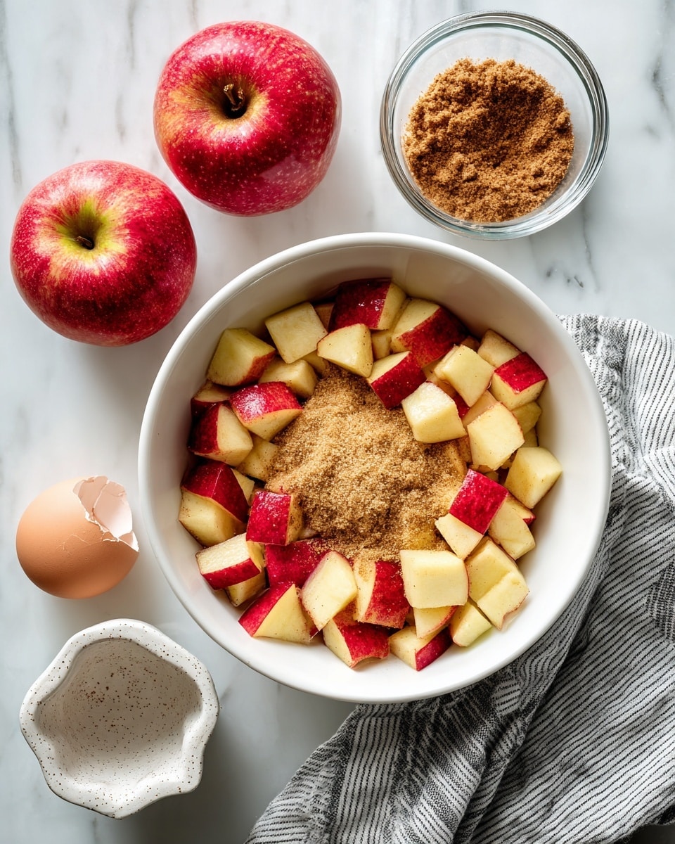A white bowl filled with chopped red and light yellow apple pieces forms the base layer, topped with a layer of brown sugar and sprinkled cinnamon in the center. To the right, a small clear glass bowl holds the same mix of brown sugar and cinnamon. In the top left corner, two whole red apples with yellow patches rest on a white marbled surface. At the bottom left, half of a cracked eggshell sits in a light speckled egg holder. A folded striped gray and white cloth lies at the bottom right on the white marbled surface. The photo is taken with an iphone --ar 4:5 --v 7