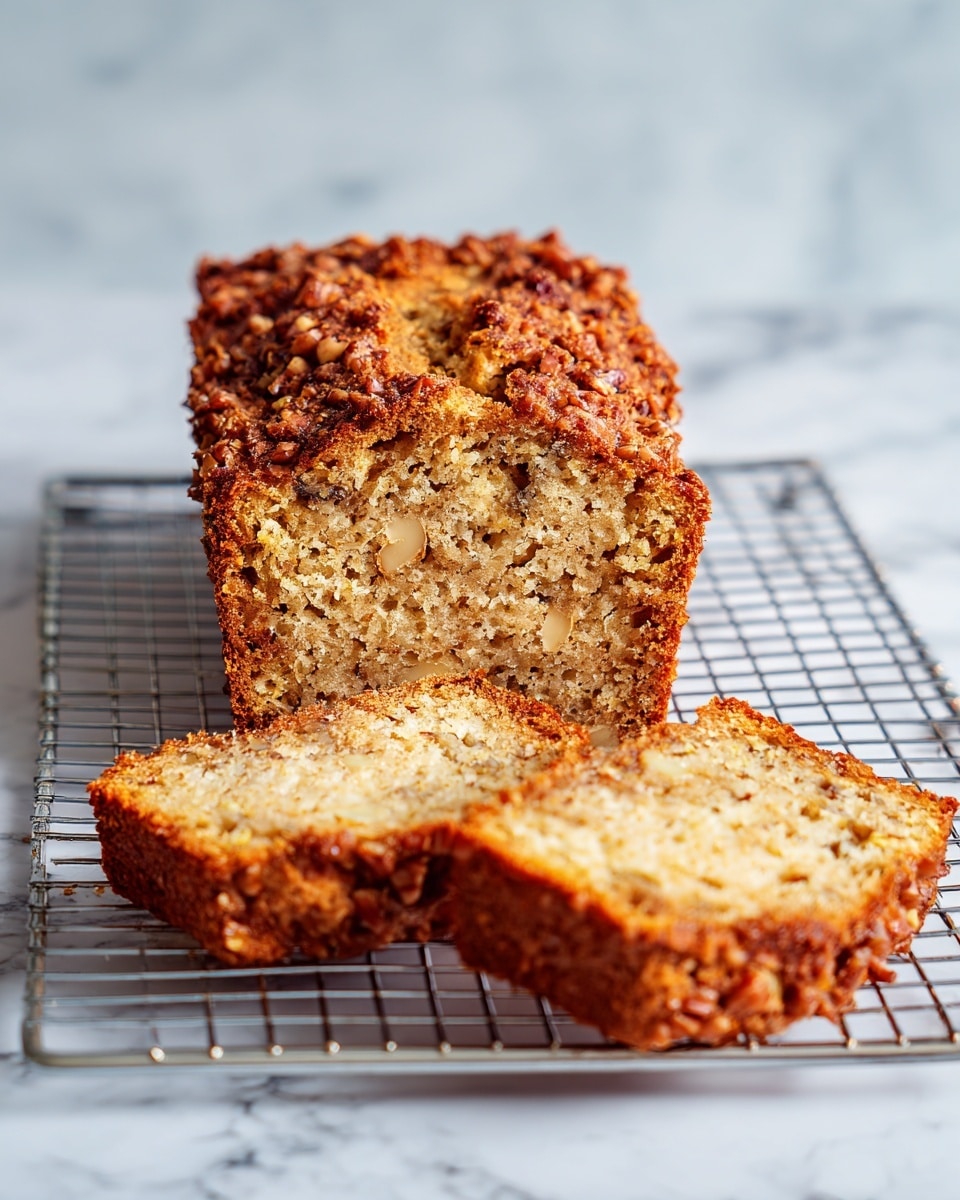 The image shows a loaf cake with two slices cut from it, placed on a cooling rack. The loaf has a rough, crunchy brown top layer filled with small nut pieces, and the inside layers are light golden brown and moist, with tiny bits of nuts or fruits scattered throughout. The two slices lie flat in front of the loaf, revealing the soft, textured inside. The whole scene is set on a white marbled surface. Photo taken with an iphone --ar 4:5 --v 7
