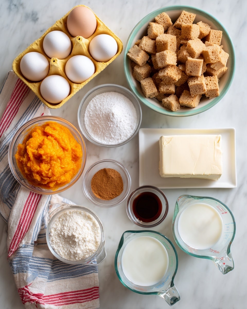 The image shows various baking ingredients neatly arranged on a white marbled surface. In the top right is a bowl filled with small, light brown bread cubes. To the left of this bowl, there is a yellow egg carton holding several white eggs. In the bottom left, there is a bowl with bright orange pumpkin puree, next to a bowl of white sugar placed near the center. In front of the sugar bowl, there is a small glass bowl with brown cinnamon powder, and next to it, a small round container of dark vanilla extract. Two clear measuring cups of different sizes hold white liquids, presumably milk and cream, placed in the bottom right corner. A block of cream cheese on a white rectangular plate is also visible near the top right. A striped cloth with red, white, and blue colors lies beneath some of the items. photo taken with an iphone --ar 4:5 --v 7