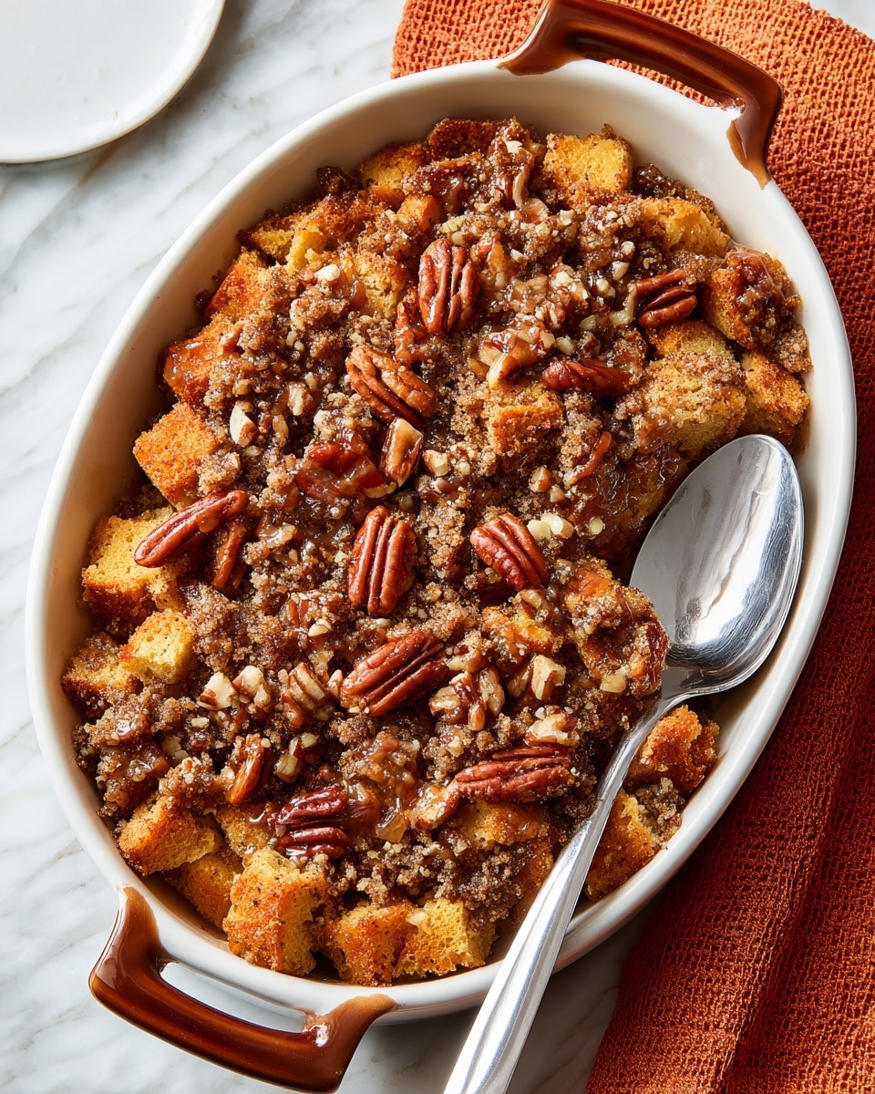 The dish is shown in a white ceramic oval baking dish with brown handles, placed on a white marbled surface. It has a base layer of golden brown bread cubes that look soft and baked, topped with a textured cinnamon-colored crumb mixture. Scattered thickly on top are whole and chopped pecans with a shiny glaze, adding a crunchy look. The crumb topping is uneven with a mix of darker and lighter brown shades, covering the bread chunks. On the right side, a shiny silver spoon is partially placed inside the dish, with the bowl filled with the dessert. An orange textured cloth is seen in the upper right corner. Photo taken with an iphone --ar 4:5 --v 7