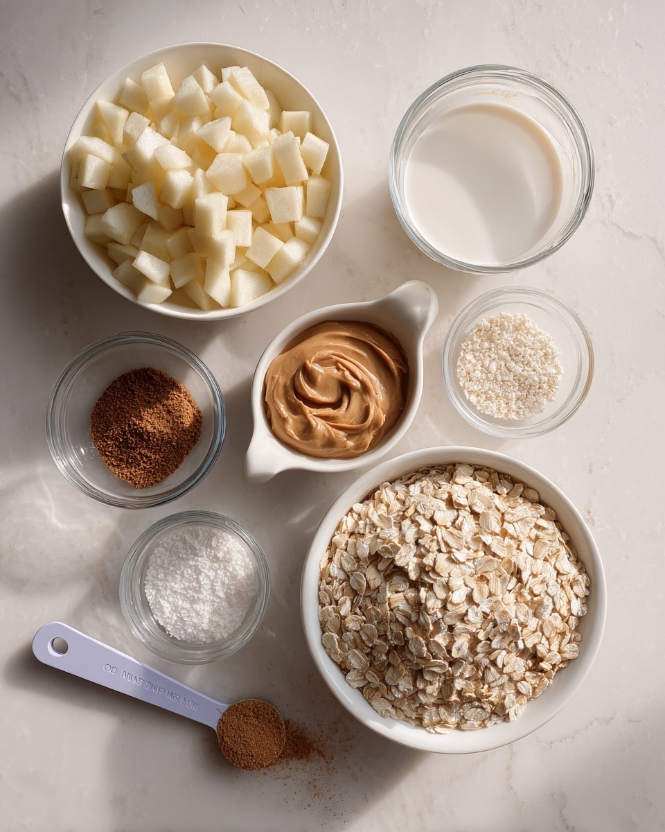 This image shows six small white bowls on a white marbled surface, each with different ingredients. In the top left is a bowl full of small pale yellow diced pieces, likely apples. To its right is a small clear glass bowl filled with white liquid, maybe milk. Next to it on the right is a white measuring cup with smooth light brown peanut butter inside. Below the apple bowl is a small clear glass bowl with fine dark brown powder, likely cinnamon. Next to it on the right is another small clear glass bowl with white granules, possibly salt. At the bottom right is a large white bowl filled with light beige rolled oats, covering most of the bowl. A pale purple measuring spoon with light brown powder rests diagonally on the surface near the oats. The arrangement is neat, with soft natural light. photo taken with an iphone --ar 4:5 --v 7