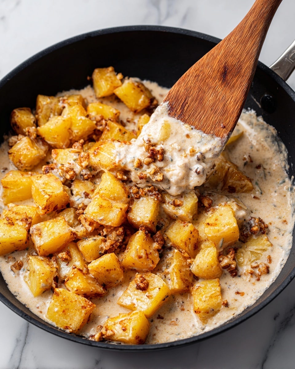 The image shows a close-up view of a black pan filled with golden brown roasted potato cubes, which have a crispy texture on the outside. Mixed with the potatoes is a creamy mixture with a light beige color and small pieces of a crumbly ingredient scattered throughout. A wooden spatula is lifting some of the potatoes and creamy mix from the pan, with a white marbled surface visible underneath. The photo taken with an iphone --ar 4:5 --v 7