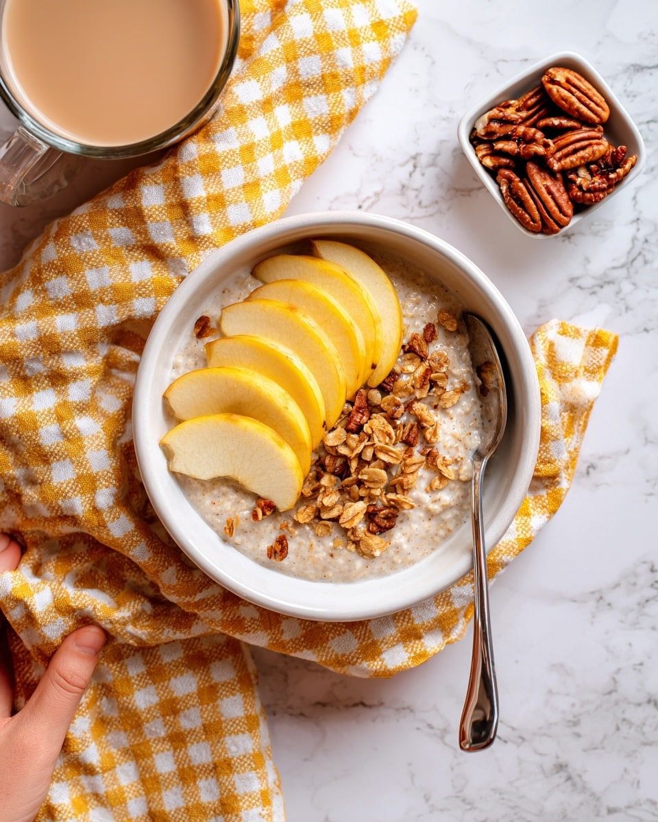 A white bowl filled with creamy oatmeal topped with three thin slices of light yellow apple arranged in a fan shape on one side. Below the apple slices are small crumbles of brown granola with a mix of textures, some crunchy and some softer, spread unevenly across the oatmeal. The bowl sits on a bright yellow and white checkered cloth with patterns, with a small white dish holding glazed pecans in the top right corner. A silver spoon is placed on the white marbled surface near the bottom right corner of the bowl, and a woman's hand is holding a glass of a light beige drink at the top left corner. Photo taken with an iphone --ar 4:5 --v 7