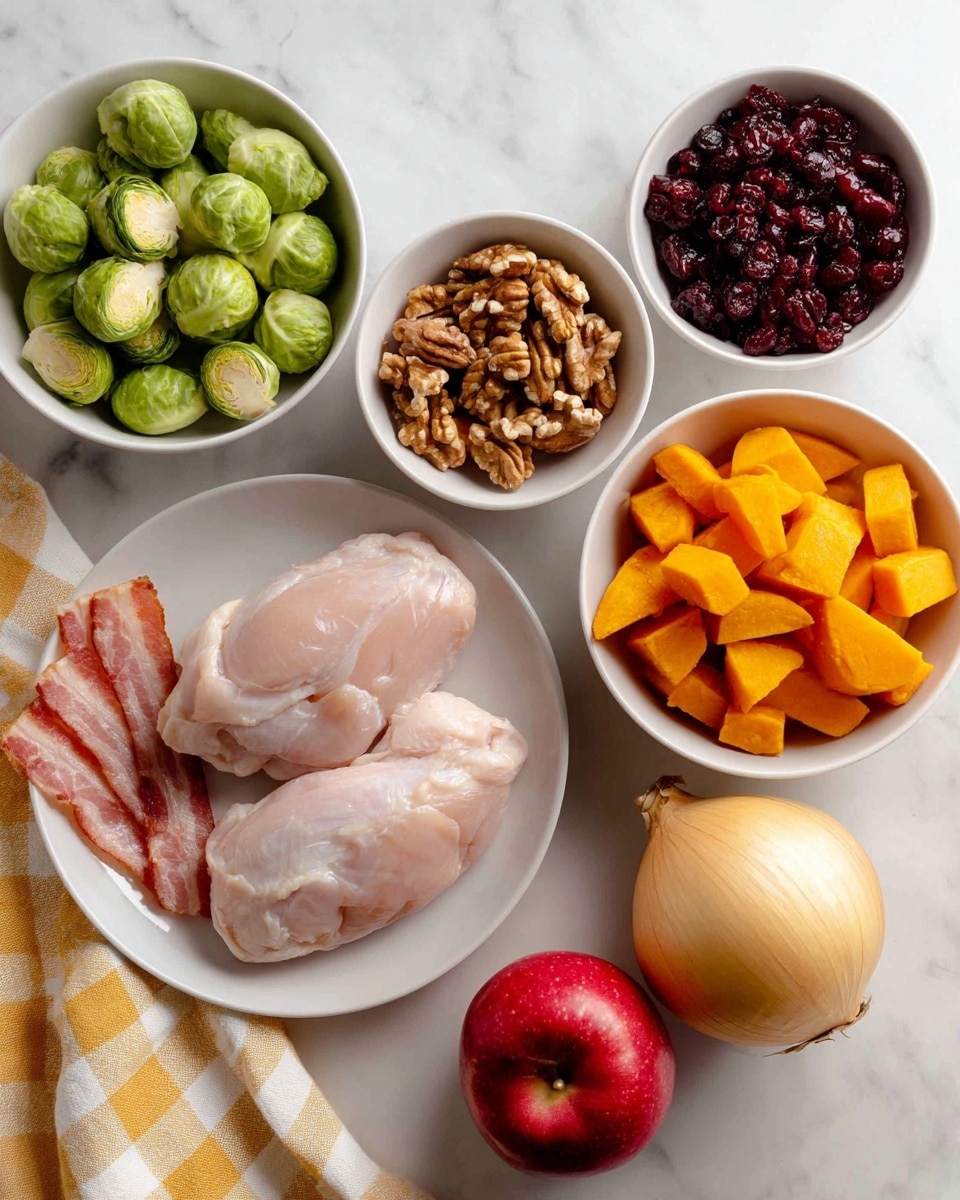 The image shows ingredients neatly placed on a white marbled surface. There is a white plate with three raw chicken pieces and two slices of uncooked bacon on the bottom left. To the top left, there is a white bowl filled with halved green brussels sprouts. In the middle top, there is a white bowl with brown walnut halves. Above to the right, there is another white bowl filled with dark red dried cranberries. Next to it, on the right, a white bowl contains bright orange chunks of sweet potato. In the center, slightly lower, there is a whole red apple with some light yellow patches. On the bottom right corner, a whole yellow onion sits on the white marbled surface with a yellow and white checked cloth nearby. Photo taken with an iphone --ar 4:5 --v 7