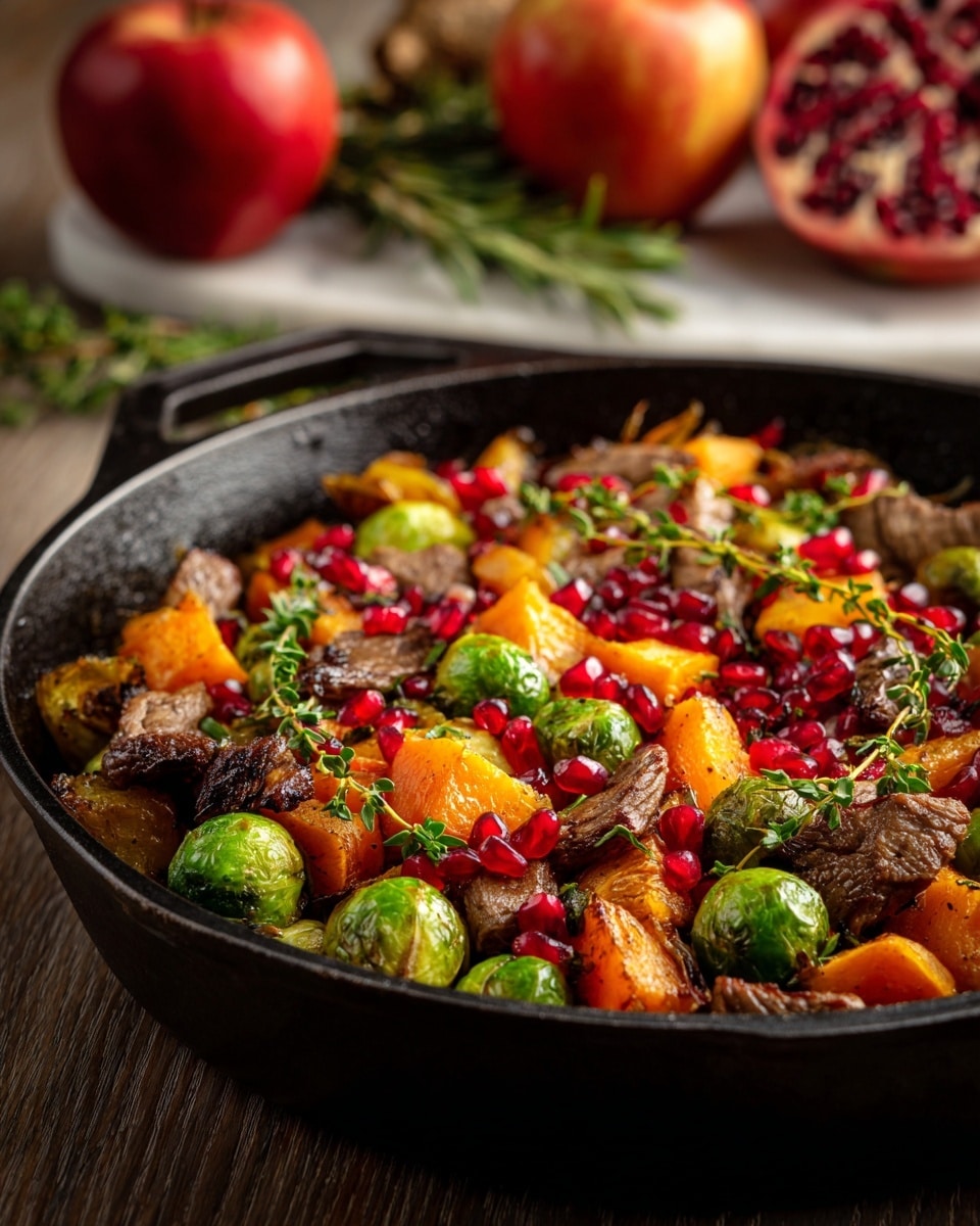 A black cast iron pan filled with a colorful dish sits on a light wood surface. The dish has multiple layers including roasted golden brown pieces of meat, bright green small round vegetables that look like brussels sprouts, and chunks of orange sweet potatoes. Scattered on top are shiny red pomegranate seeds adding a touch of brightness. Small green sprigs of fresh herbs are placed across the dish, giving it a fresh look. In the background, two red apples and some green herbs lay on a white marbled surface, adding to the natural feel. The lighting is soft and warm, making the colors vivid and inviting photo taken with an iphone --ar 4:5 --v 7