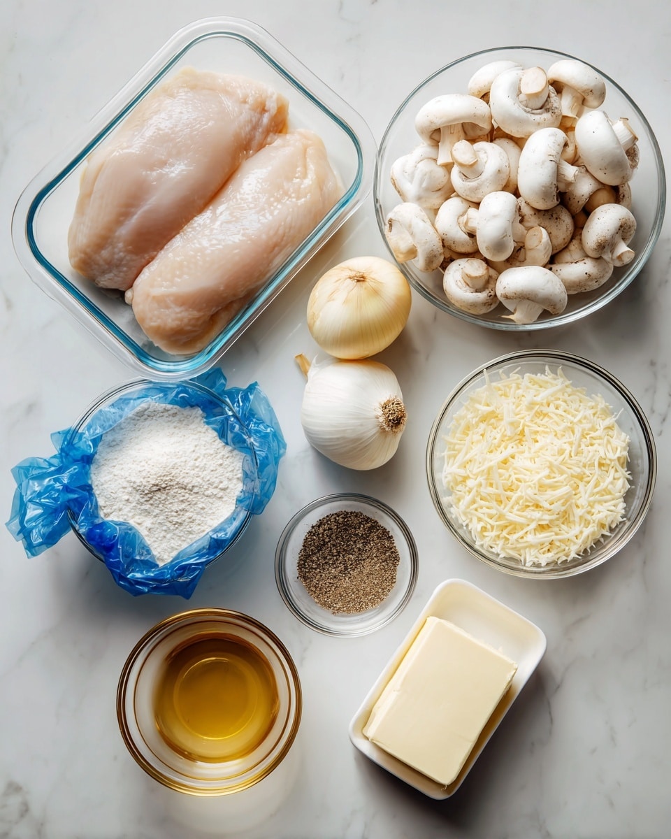 The image shows cooking ingredients neatly arranged on a white marbled surface. There is a clear rectangular glass container holding two large raw chicken breasts in the top left. Below it, a blue plastic package contains white whole mushrooms. To the right of the mushrooms, there is a whole yellow onion next to a small white garlic bulb. Moving upward, a small clear bowl holds white flour, and another clear bowl contains coarse black pepper. Below the flour and pepper, a small white bowl holds grated cheese, and a larger clear bowl filled with a light golden liquid is placed nearby. In the bottom right corner, a clear bowl with white milk is beside a stick of unsalted butter. The ingredients are spread out evenly with clear visibility. Photo taken with an iphone --ar 4:5 --v 7