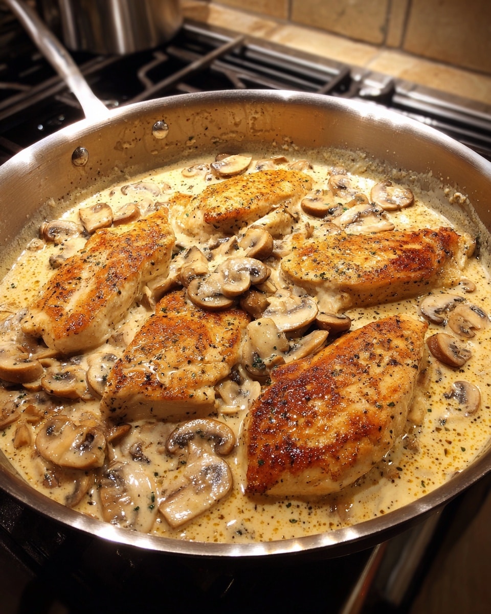 A large silver pan filled with five pieces of cooked golden brown chicken partially covered in a thick, smooth light beige cream sauce with visible black pepper specks and whole sliced mushrooms scattered throughout, the creamy sauce envelops the chicken and mushrooms evenly. The pan is placed on a stovetop with subtle metal grates showing around the edges. Photo taken with an iphone --ar 4:5 --v 7