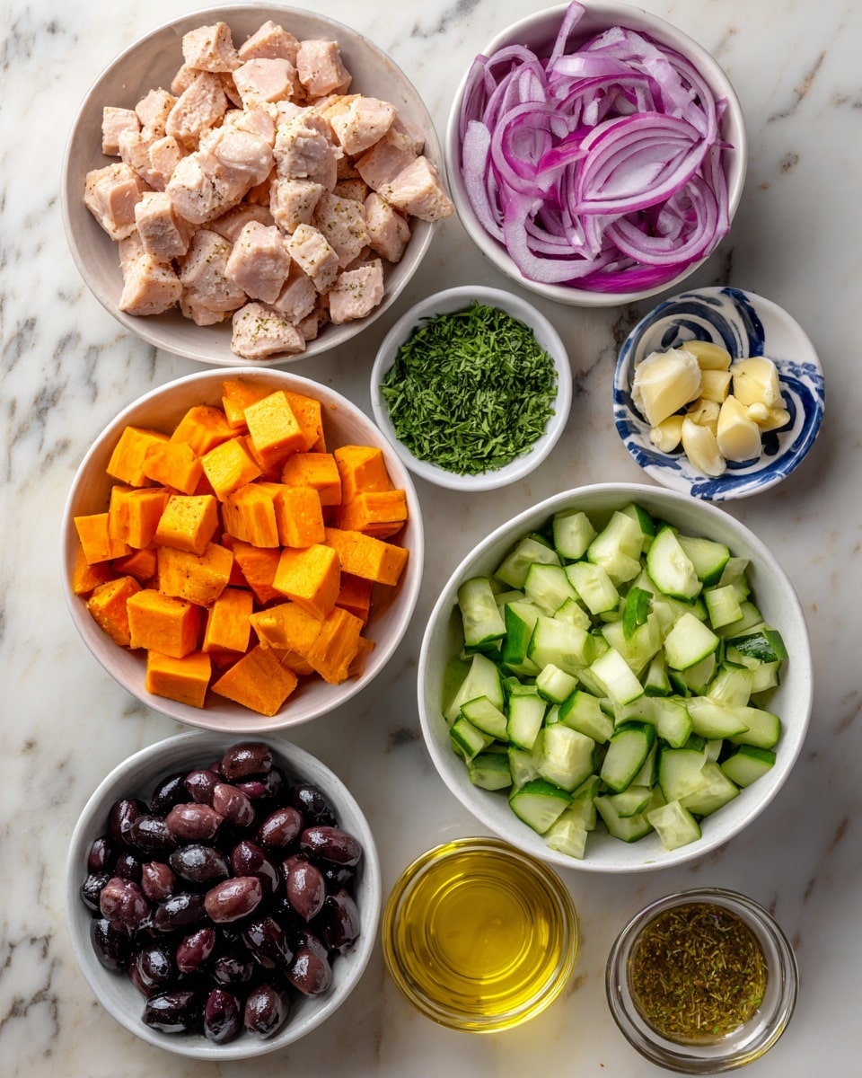 The image shows several white bowls arranged on a white marbled surface. There is one bowl with cubed pink chicken pieces, another with cubed orange sweet potatoes, and one with sliced light green cucumbers. A bowl with chopped red onions and a bowl filled with black olives are also visible. Additionally, there is a small bowl with green herbs, another with minced garlic, and a small glass container filled with light brown sauce. A small amount of olive oil is shown in a clear round container. The colors of the ingredients stand out with pink, orange, green, purple, black, and golden hues. photo taken with an iphone --ar 4:5 --v 7