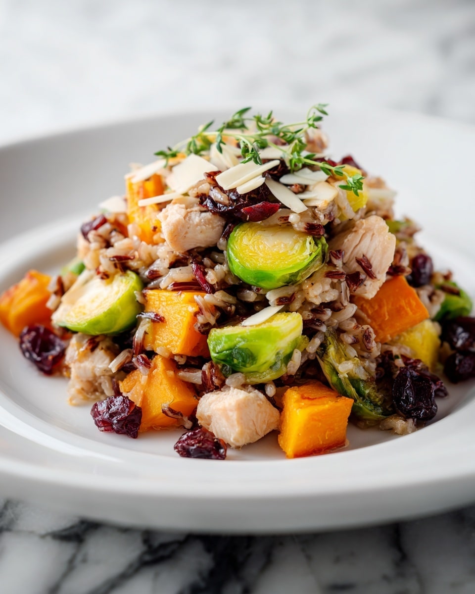 This image shows a close-up of a colorful rice dish served on a white plate. The dish has several layers and textures: there are small chunks of light brown cooked chicken, scattered pieces of orange sweet potato, and bright green Brussels sprouts cut in halves. Mixed into the dish is a layer of reddish-brown wild rice with dried cranberries adding a dark red color. Thin white almond slices are sprinkled across the top for crunch. The background is a white marbled texture. photo taken with an iphone --ar 4:5 --v 7