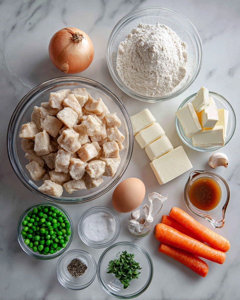 A top view of cooking ingredients placed on a white marbled surface. In the center is a large clear glass bowl full of beige chunky meat pieces. Above it is a large clear glass bowl filled with white flour. To the right of the meat bowl are three sticks of butter in white wrappers, a brown egg, a clear measuring cup with brown broth, a small glass container of water, and two garlic cloves. Below the meat bowl are three small clear glass bowls holding white salt, black ground pepper, and green leafy herbs. To the left of the meat bowl, there is a full white onion, two orange carrots, and a clear bowl of green peas. Photo taken with an iphone --ar 4:5 --v 7
