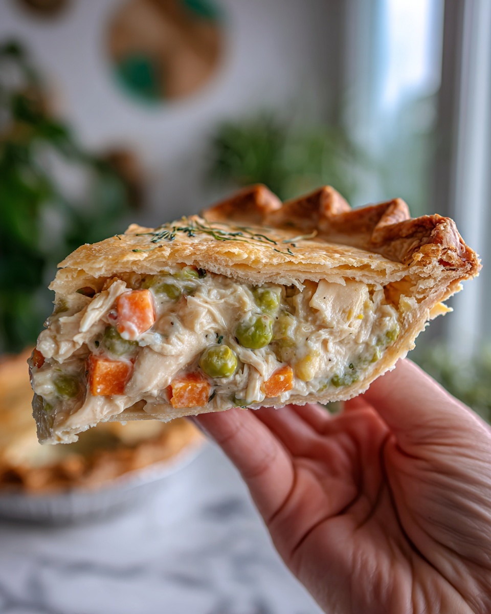 A woman's hand holding up a slice of pie showing its inside layers: on top, a golden brown flaky crust with light ridges, underneath a creamy filling with visible small pieces of orange carrots, green peas, and chunks of light-colored chicken, all soft and moist. The background is a white marbled surface with blurred green plants and wall decor. Photo taken with an iphone --ar 4:5 --v 7