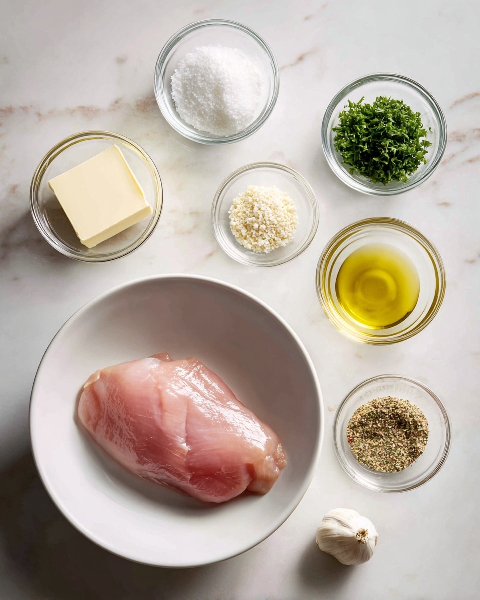 A white bowl at the bottom holds one large piece of raw pink chicken breast with a smooth and slightly shiny surface. Surrounding this bowl are nine small clear glass bowls arranged in a loose circle on a white marbled surface. From the top and moving clockwise, the bowls contain coarse white salt crystals, a square pat of pale yellow butter, a fine light beige powder, a white powder with a smooth texture, golden-yellow olive oil, chopped fresh green parsley, coarse black pepper, minced white garlic, and a pile of light brown granulated seasoning. The image has soft, even lighting and a clean, simple look. photo taken with an iphone --ar 4:5 --v 7