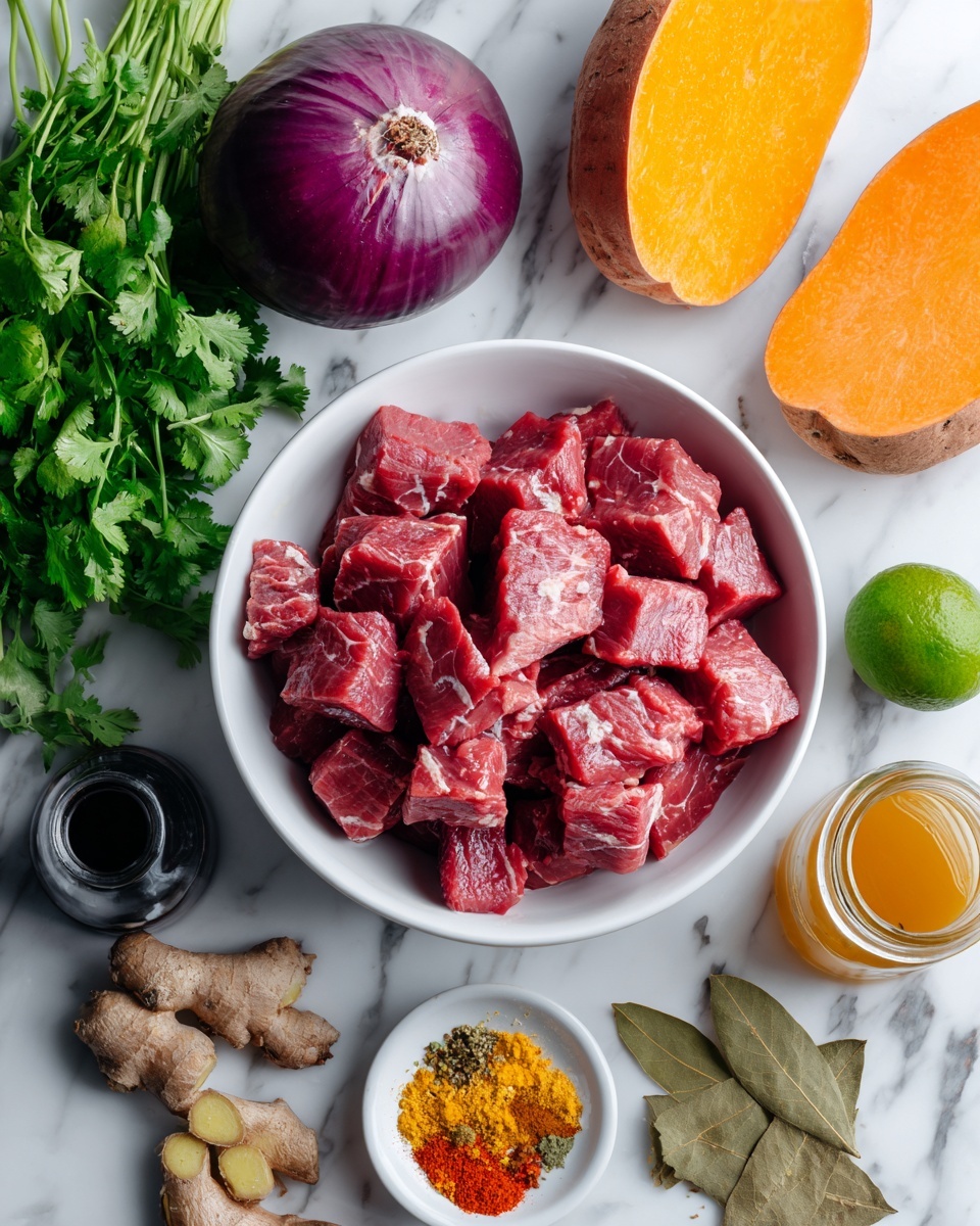 The image shows a white bowl filled with raw, red meat chunks placed on a white marbled surface. Surrounding the bowl are two orange sweet potatoes, a bunch of fresh green cilantro, a whole purple onion, a small lime, a bottle of dark oil, a jar of orange sauce, fresh ginger, two dried bay leaves, and a small white dish filled with a mix of yellow and red spices. The items are arranged in an organized way, highlighting bright and earthy colors. Photo taken with an iphone --ar 4:5 --v 7