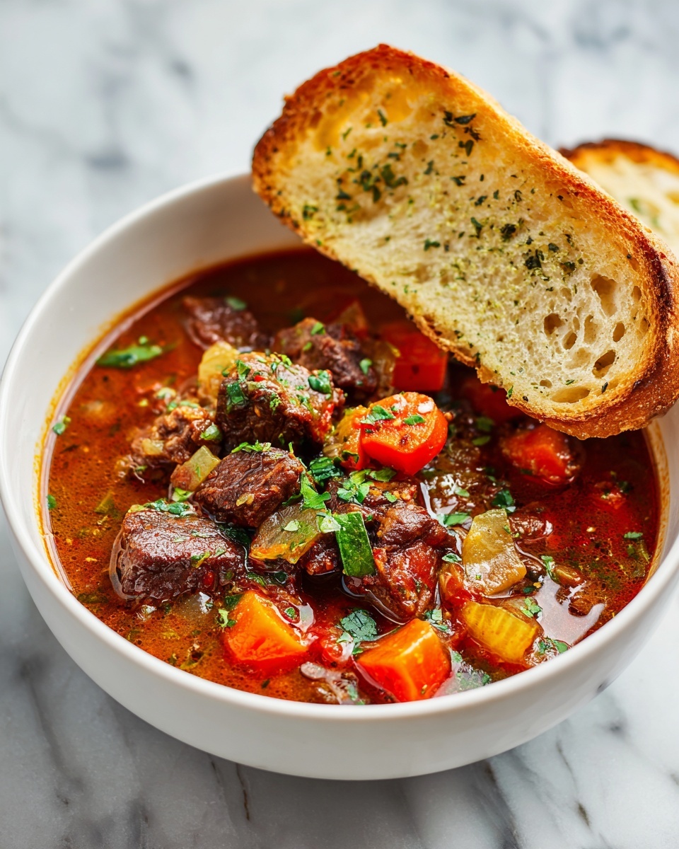 A white bowl filled with a stew that has chunks of meat, diced orange carrots, and small pieces of fresh green herbs sprinkled on top. The stew has a rich brownish-red broth with visible bits of onions and other vegetables. There is a piece of light toasted bread resting on the edge of the bowl. The background is a white marble surface with a slightly blurred effect. Photo taken with an iphone --ar 4:5 --v 7